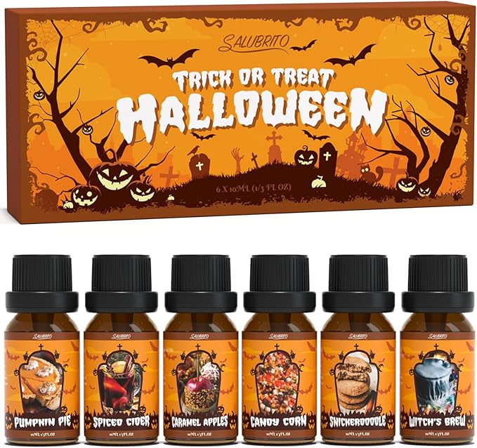 SALUBRITO Halloween Fragrance Oils Set, Funny Essential Oils Gift Set for Diffuser, Candle, Soap Making Scents, Pumpkin Pie, Spiced Cider, Caramel Apples, Candy Corn, Snickerdoodle, Witch's Brew - Bloomnest