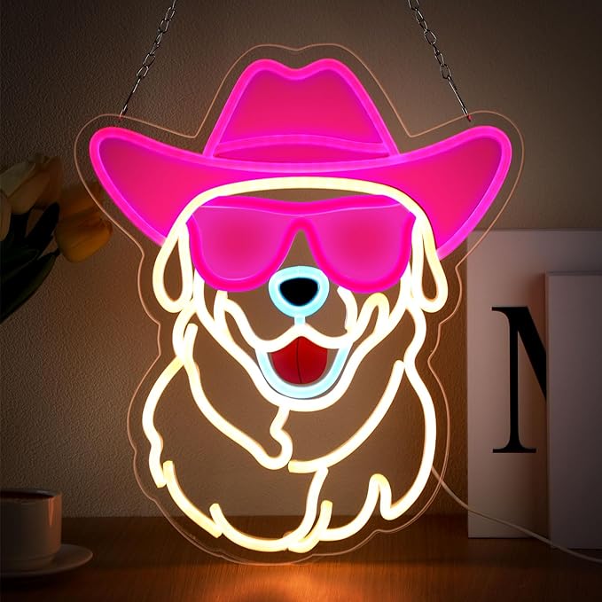 Retisee Golden Retriever Neon Sign Wall Decor Wearing Glasses Dog with Cowboy Hat LED Neon Light Dimmable Pet Animal Sign for Dog Lover Living Room Shop Bar Birthday Party Accessory Birthday Gift - Bloomnest
