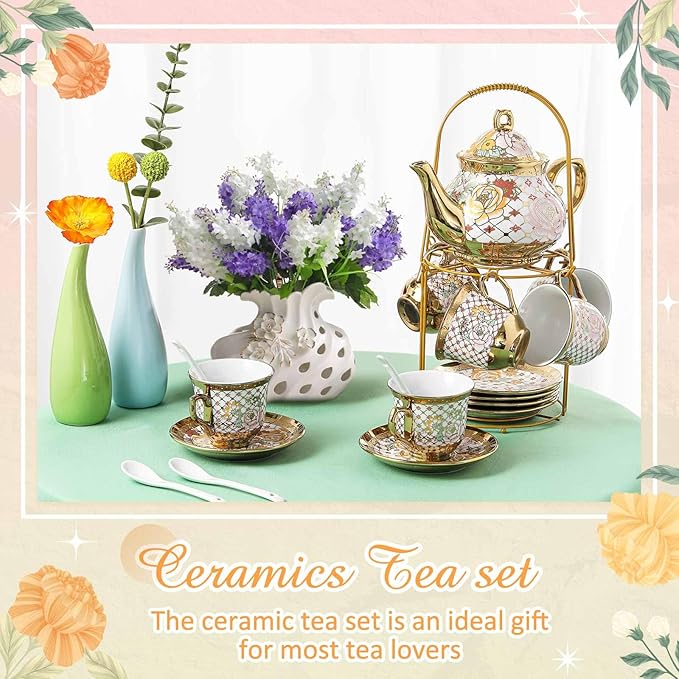 Zhehao 20 Pcs Porcelain Tea Set with Metal Holder and Spoon Adult Ceramic Tea Set European Flower Painting Teapot Cup Saucer Spoon for Women, Large Version(Delicate Style) - Bloomnest