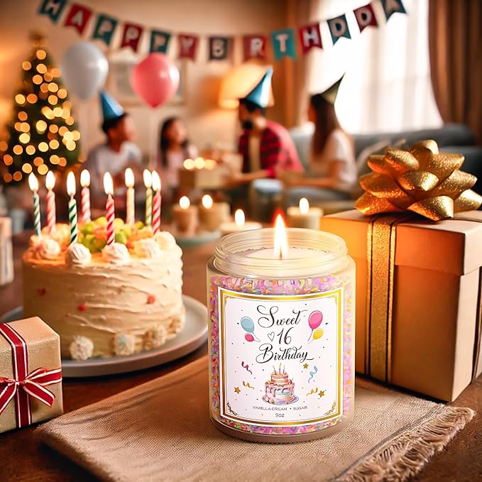 Sweet 16 Birthday Candles for Women - 9 oz Happy Birthday Candle with Vanilla Birthday Cake Scent, Gifts for Women & Men, Friendship Ideas - Bloomnest