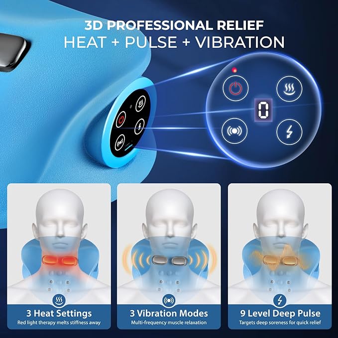 YOUKADA Neck Massager, 3 in 1 Modes, Electric Shoulder Relaxer, Neck Stretcher with Heat for Pain Relief Deep Tissue, Ergonomic 26°Shoulder Massager, Portable for Car/Office/Home (Blue) - Bloomnest