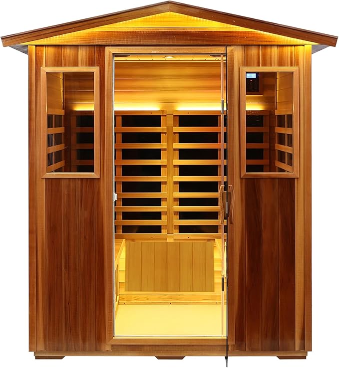 Red Cedar 4 Person Outdoor Ultra-Low EMF（0.5mg） Infrared Sauna, Multi-Person Home Sauna spa, 2160w,12 Heating Panels, LCD Control Panel, Bluetooth Speaker, Chromotherapy Lights, Reading lamp KUNSANA