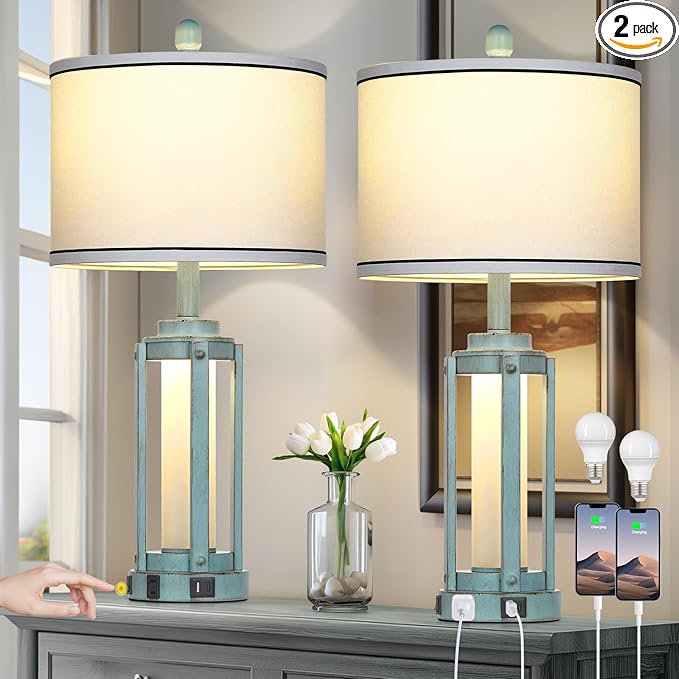 Farmhouse Lamps Set of 2, 26" Vintage Rustic Industrial Beside Lamps with USB A+C Charging Ports & AC Outlet, Nightstand Metal Lamp with LED Night Light & Fabric Shade for Living Room Bedrooms Blue - Bloomnest