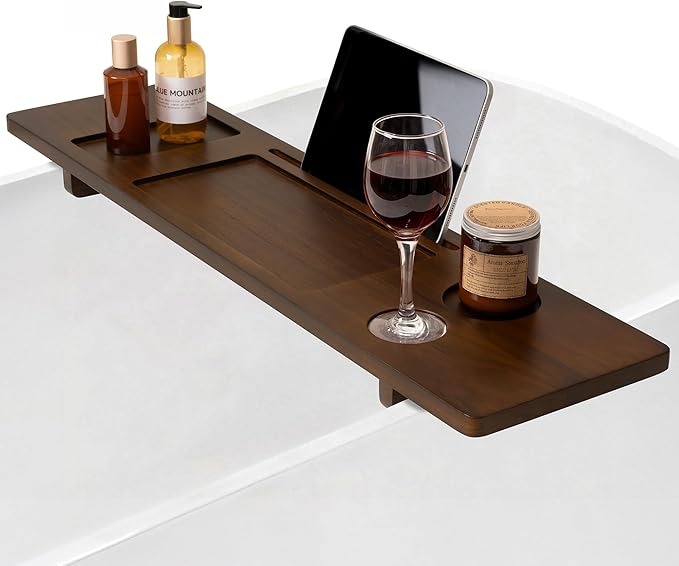 Teak Bathtub Tray - Wood Bath Caddy Tray 35" for Large Tubs - Adjustable Bathtub Table Trays - Luxury Shower Organizer for Home Spa Relaxation and Reading - Dark Walnut Color - Bloomnest