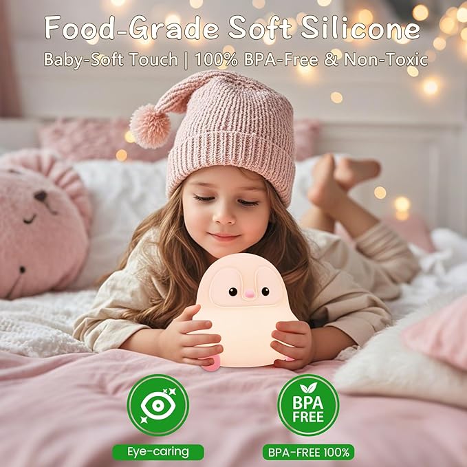 Penguin Night Light for Kids,Cute Pink Penguin Touch Lamp,Soft Silicone Nursery Nightlight,LED Squishy Novelty Animal Bedside Lamp,Rechargeable/Dimmable/Timer Desk Lamp,Kids Room Decor - Bloomnest