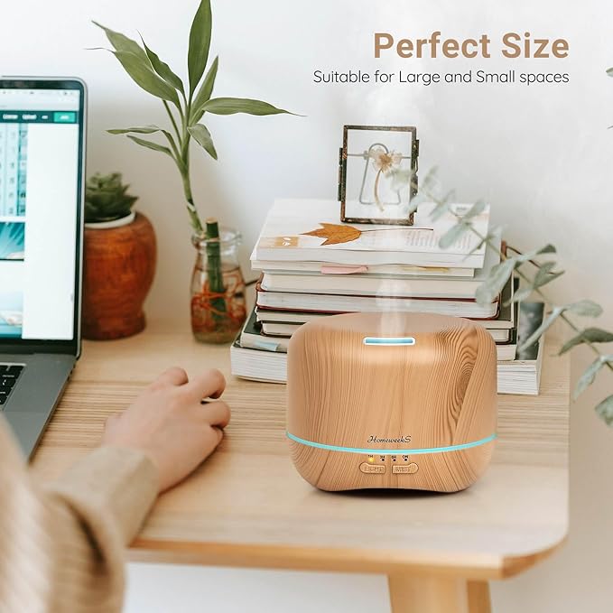 Homeweeks 300ml Essential Oil Diffuser, Quiet Aromatherapy Mist Diffusers for Essential Oils, Wood Grain, Ultrasonic, Remote Control, Timer, 7 Colors Light for Bedroom (300ml Yellow Wood Grain) - Bloomnest