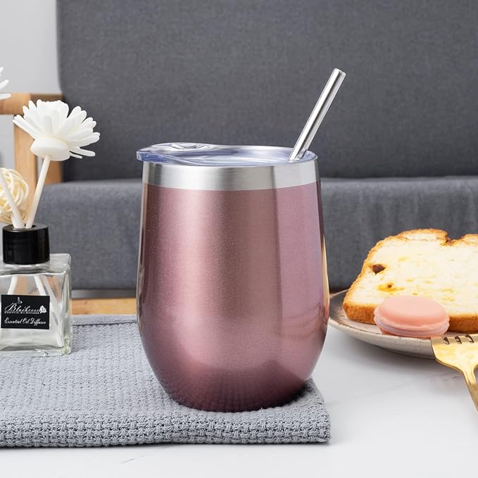 12 oz Insulated Wine Tumbler with Lid and Straw,Stainless Steel Stemless Wine Tumbler Glasses Double Wall Vacuum Wine Cups Tumbler Bulk for Coffee,Champaign,Cocktail,Office（Multicolor,4） - Bloomnest
