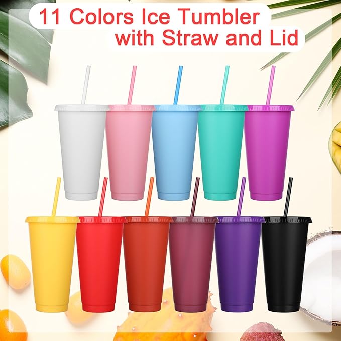 Honeydak 100 Pack Tumbler with Straw and Lid Bulk Water Bottle Iced Coffee Travel Mug Cup Reusable Plastic Cups for Party Birthdays 24-27 oz (Classic Color) - Bloomnest