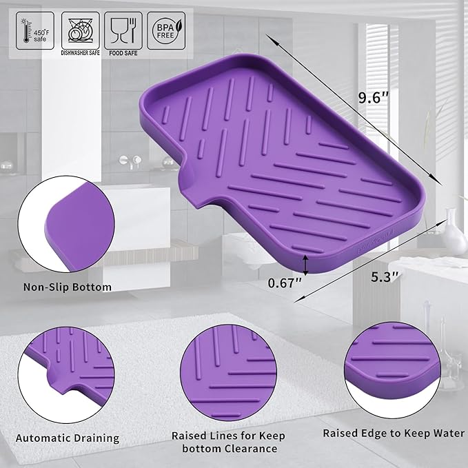 Silicone Bathroom Soap Dishes with Drain Spout-Bathroom and Kitchen Sink Organizer,Sponge Holder,Dish Soap Tray,Perfect for Dispenser,Scrubber,Bottle,Cup on Sink or Counter-Purple 9.6"×5.3" - Bloomnest
