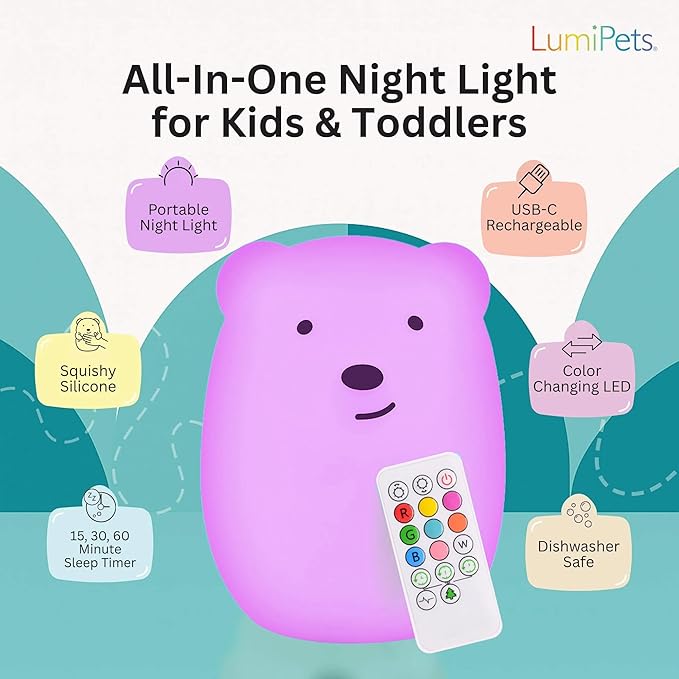 Lumipets Benny The Bear Squishy Silicone Night Light for Kids | Cute Night Light with Remote & Touch Control for Girls & Boys | 9 Color Changing Soft Portable Animal Lamp Comes with USB Cord - Bloomnest