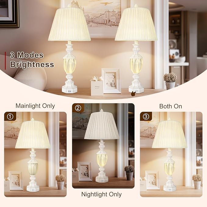 27" Rustic End Table Lamp Set of 2 with Night Light for Bedroom Living Room USB Charging Pots Farmhouse Bedside Lamp with Pleated Shade Boho Nightstand Lamps for Room Office Hotel Dorm(Bulb Included) - Bloomnest