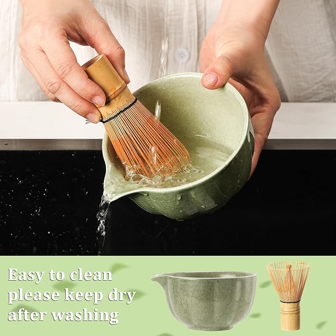 Matcha Whisk Set, 7-Pack Mottled Green Matcha Set - Include Petal Matcha Bowl with Spout, Bamboo Whisk, Chasen Holder, Sifter, Scoop, Tea Towel, Scoop Rest - Perfect Matcha Making Kit for Tea Lover - Bloomnest