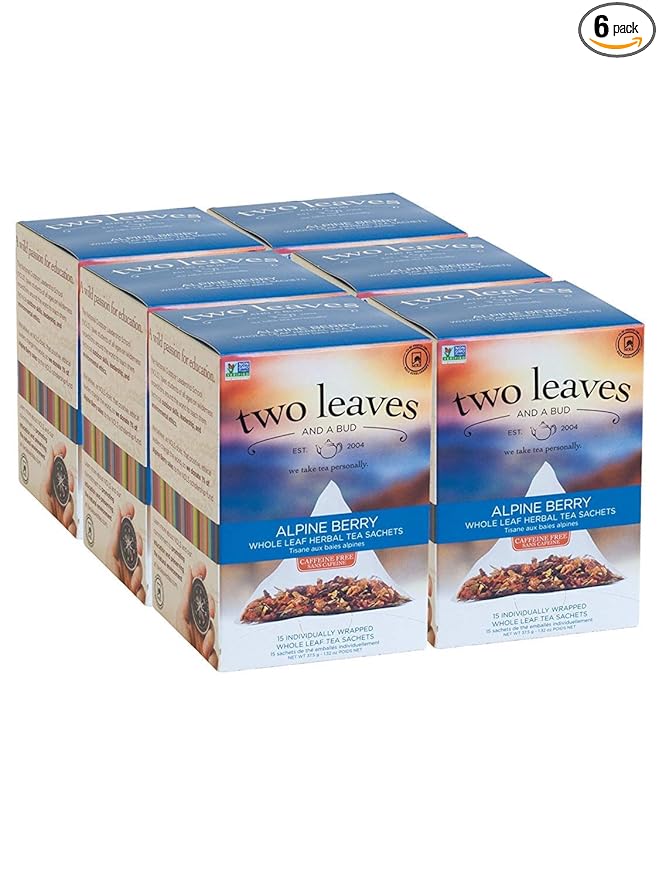 Two Leaves and a Bud Alpine Berry Herbal Tea Bags, Naturally Caffeine Free, Whole Leaf Herbal Tea with Hibiscus in Sachets, 15 Count (Pack of 6) - Bloomnest