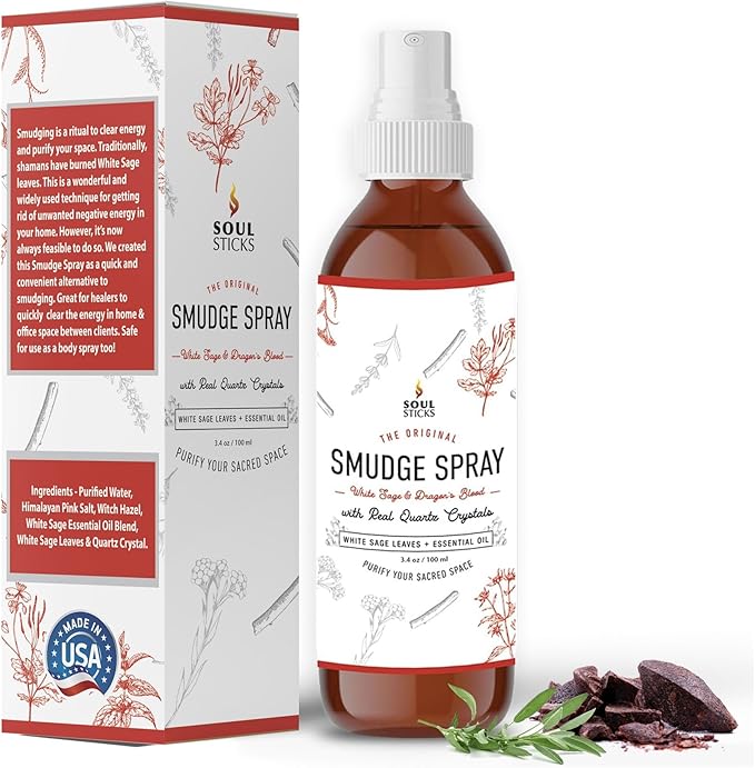 SOUL STICKS White Sage & Dragon’s Blood Smudge Spray – 3.5oz Smokeless Energy Mist with Quartz Crystals – Protective Smudging Spray for Aura Cleansing & Home Energy Clearing SoulSticks