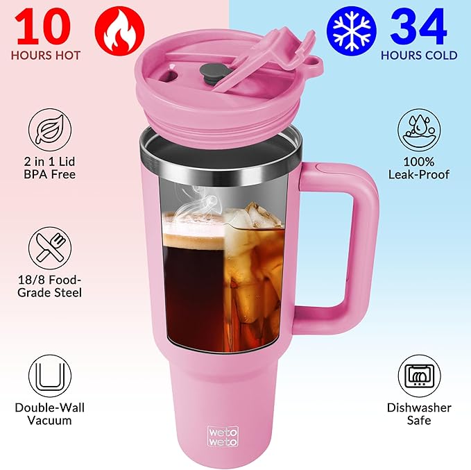 WETOWETO 40oz Tumbler with Handle and Lid | 100% Leakproof Insulated Stainless Steel Travel Mug | Keeps Cold 34Hrs/Hot 10Hrs | Dishwasher Safe, Fits Car Cup Holder (Lilac Color) - Bloomnest