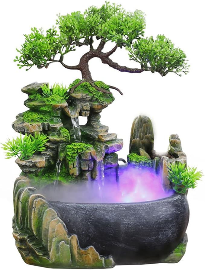 11-Inch Tabletop LED Waterfall Fountain with Atomizer – Quiet Resin Rockery Mist Humidifier for Bedroom, Office, Meditation or Gift Décor - Bloomnest