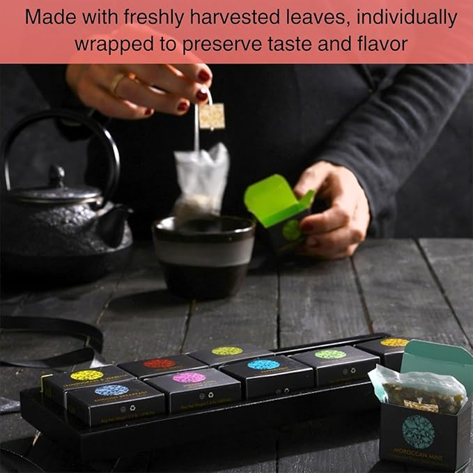 Ceremonie Tea Herbal Variety Pack - Kosher Set with Reusable Wooden Tray - Assorted Sampler With 10 Individually Wrapped Silky Mesh Bags - Single Serve Pouches - Bloomnest