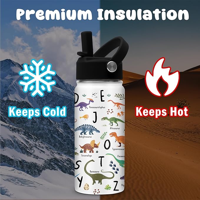 Alphabet Dinosaur Water Bottle for Boys, 16oz Kids Stainless Steel Insulated Water Bottle with Straw Lid, Dinosaur Dino Cup Tumbler Gifts for School - Bloomnest