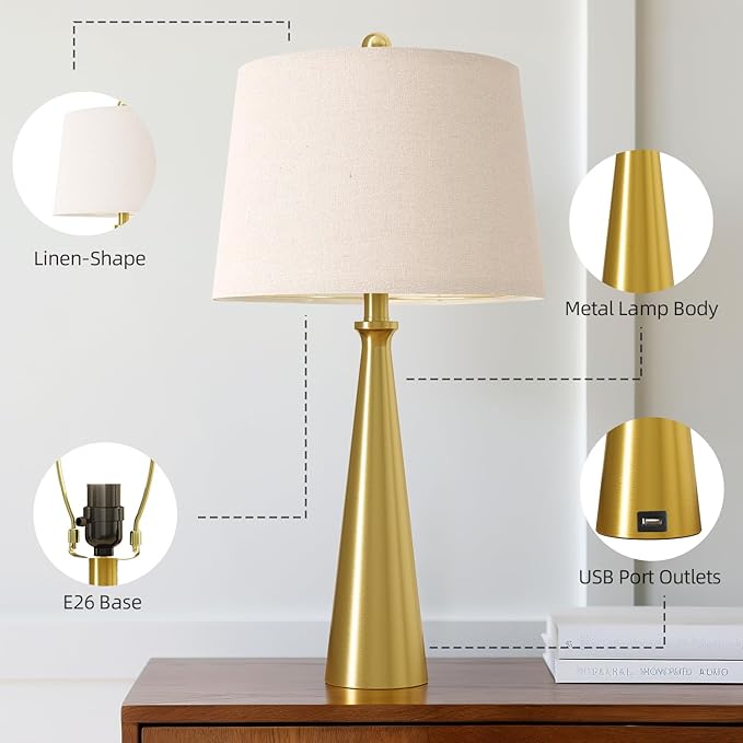 Oneach 25.75" Modern Table Lamp Set of 2, Bedside Lamps with USB Ports, Brass Gold Nightstand Lamps Set for Living Room Bedroom House Bedside Home Office Family - Bloomnest