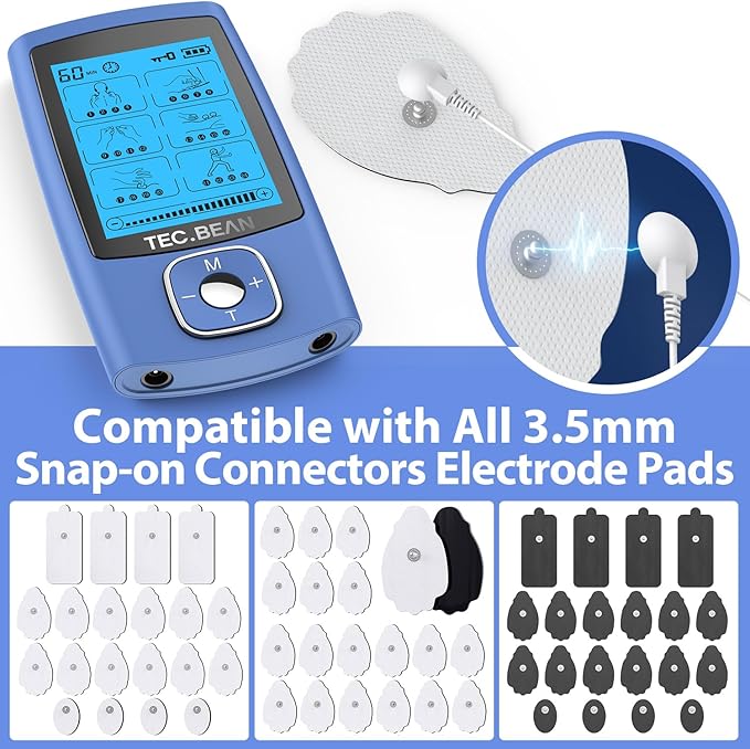 24 Modes Tens Unit Muscle Stimulator, Rechargeable Tens Machine with 8 Electrode Pads (American Gel), Electric Pulse Massager for Pain Relief Therapy（Blue） TECBEAN