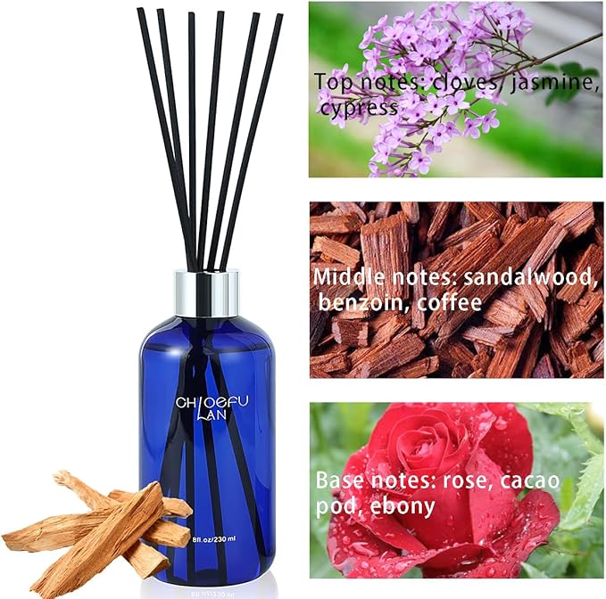 Chloefu Lan Reéd Diffuser, 8.1 oz Natural Essential Scented Oil, 6 Diffuser Sticks, Home Fragrance Sandalwood, Aromatherapy Oil Diffuser Reeds, More Masculine Scent, Bathroom & Office Decor 230ml - Bloomnest