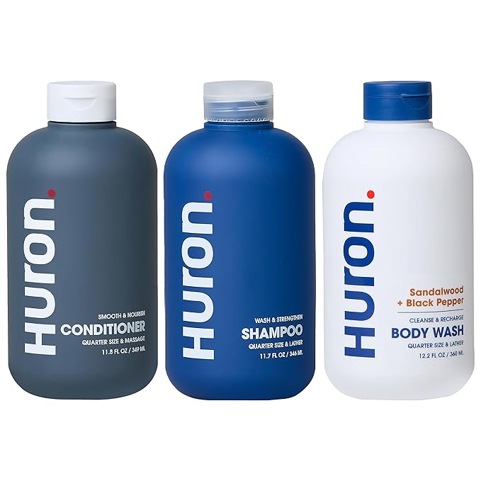 Huron Shower Kit - Shampoo, Conditioner, & Body Wash For Men - Sandalwood + Black Pepper Scent - Hydrating & Nourishing Men's Shampoo & Conditioner - Bloomnest
