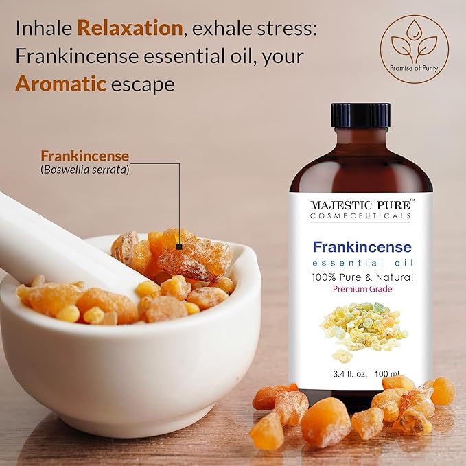 Majestic Pure Frankincense Essential Oil with Glass Dropper - 3.4 Fl Oz - 100% Pure and Natural Frankincense Oil - Premium Grade Essential Oils for Diffuser, Aromatherapy, Soap and Candle Making - Bloomnest