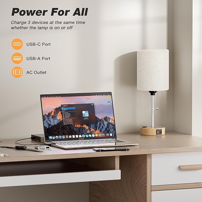 Small Bedside Lamp for Bedroom Nightstand - Table Lamp with USB C and A Port, Pull Chain Bed Lamps with AC Outlet, Wood Base Night Stand Lights for Kids Reading, Desk Lamp for Living Room/Dorm Room - Bloomnest