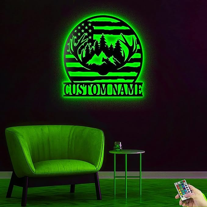 Lovely POD Personalized Metal Sign, Custom Us Deer Forest Hunting V1 Metal Wall Art Led Light, Personalized Hunter Name Sign Decoration For Home, Deer Hunting Home Decor - Bloomnest