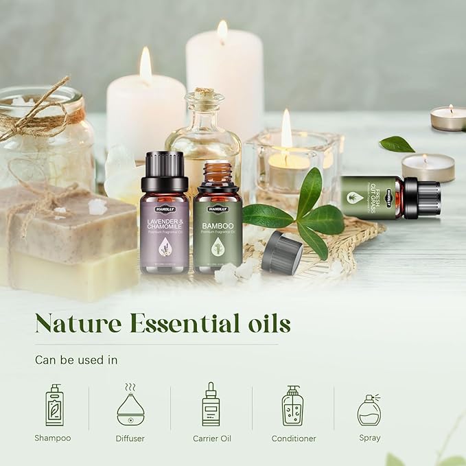 Essential Oils Set, Nature Scents Fragrance Oil Aromatherapy Essential Oils Kit for Diffuser (6x10ML) Sandalwood &Rose, Bamboo, Rain, Lavender &Chamomile, Fresh Cut Grass, Forest Pine Oil - Bloomnest