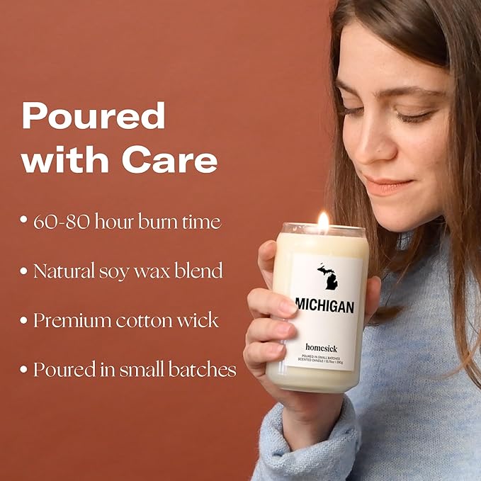 Homesick Scented Candles for Home (Michigan) - 13.75 oz Long-Lasting Soy Wax Jar Candle for Women & Men for All Occasions, 60-80 Hours Burn Time - Notes of Chocolate, Cherry & Lemon - Bloomnest