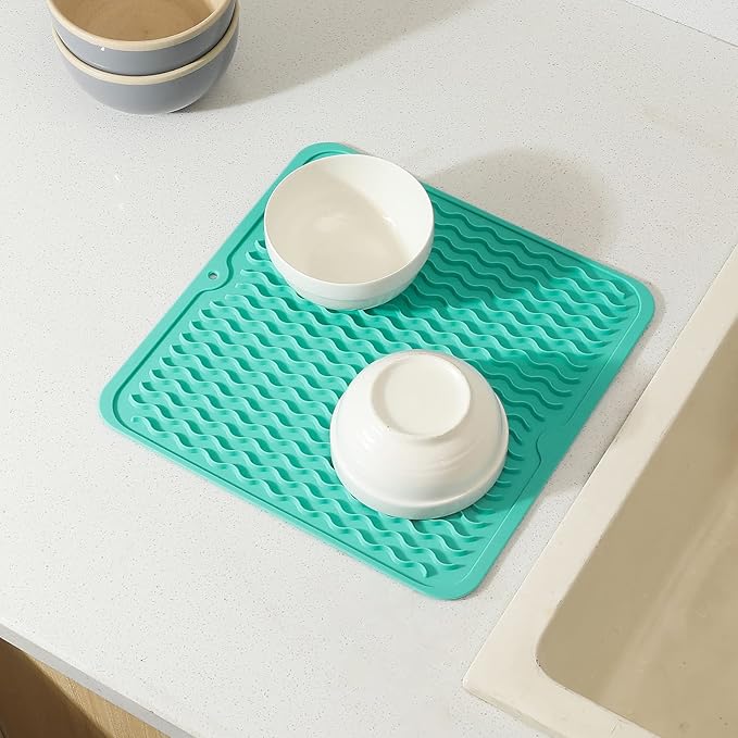 Silicone Dish Drying Mat for Multiple Usage,Easy clean,Eco-friendly,Heat-resistant Silicone Mat for Kitchen Counter or Sink,Refrigerator or Drawer liner Mint M 12 inches x 12 inches - Bloomnest