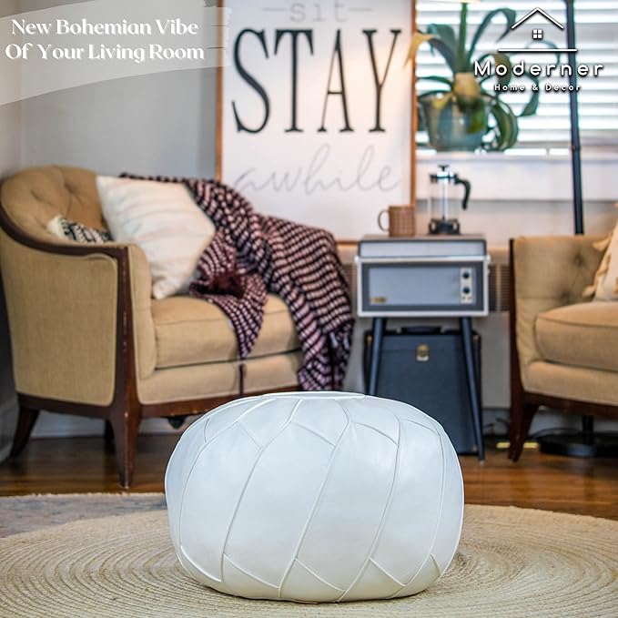 Moderner Faux Leather Pouf Unstuffed Ottoman Moroccan Footstool, Floor Footrest Cushion, Storage Solution - Natural Brown Color (White, Round) - Bloomnest