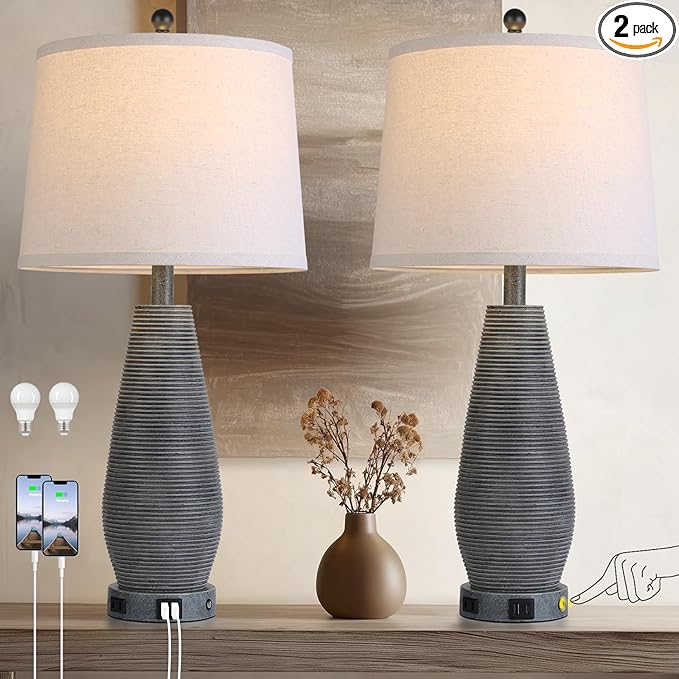 Farmhouse Table Lamps Set of 2 with USB C+A Ports and AC Outlet, 3 Way Touch Rustic Bedside Lamps for Living Room, 26.5" Grey Vintage Lamps for Bedroom Nightstand - Bloomnest