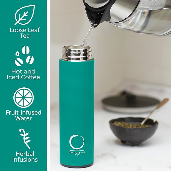 Pure Zen Tea Thermos with Infuser for Hot and Cold Infusions - Stainless Steel - Tea Infuser Bottle - Leakproof Travel Mug with Filter - 15oz