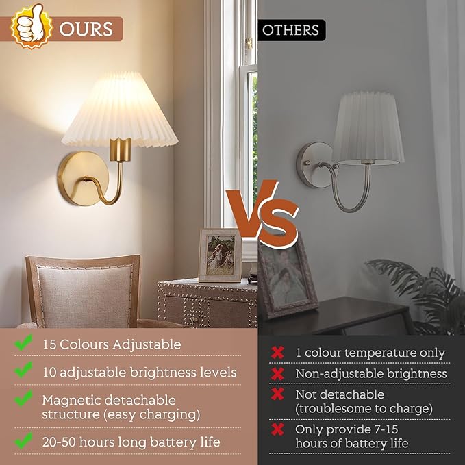 Wireless Wall Sconce Sets of 2, Pleated Shades Rechargeable Battery Operated Wall Sconce, Retro gooseneck Gold Wall Lights Bathroom Vanity Sconces, Wall Mounted Lamps for Bedroom Living Room Kitchen - Bloomnest