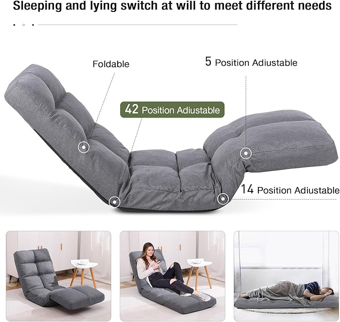 Floor Chair with Footrest Adjustable Backrest with 14 Positions Footrest 5-Position Adjustment Foldable Floor Gaming Chair for Easy Storage Linen Fabirc Chaise Lounge 086 (Grey)