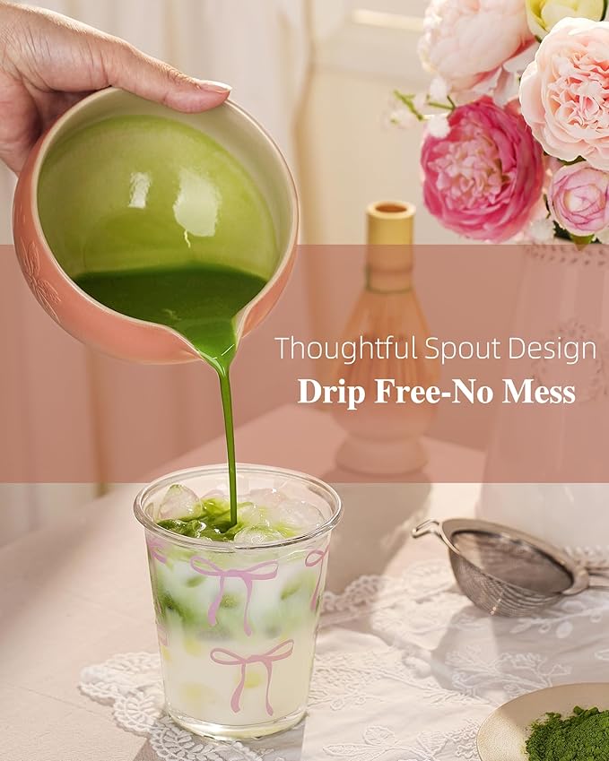 ZENS Matcha Whisk Set, Pink Ceramic Matcha Bowl with Embossed Sakura, 6pcs Matcha Tea Kit Includes Bamboo Whisk, (Chasen Holder) Scoop & Sifter, Tea Towel for Matcha Ceremony, Pink - Bloomnest