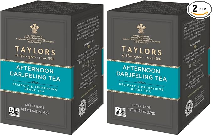 Taylors of Harrogate Afternoon Darjeeling, Black Tea, Pillow Bags, Delicate, Sweet & Floral, Caffeinated, Enjoy Hot or Iced, 50 Teabags (Pack of 2) - Bloomnest