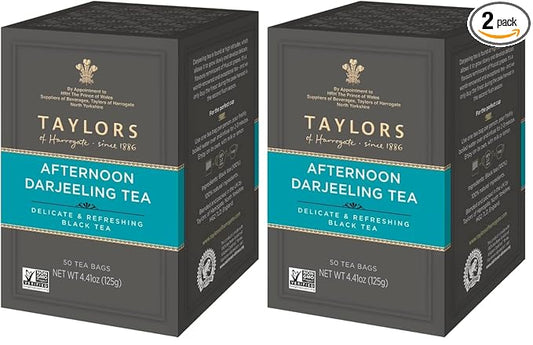 Taylors of Harrogate Afternoon Darjeeling, Black Tea, Pillow Bags, Delicate, Sweet & Floral, Caffeinated, Enjoy Hot or Iced, 50 Teabags (Pack of 2) - Bloomnest