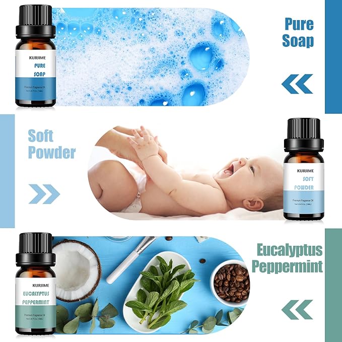 Essential Oils Set, Clean Scents Fragrance Oil Essential Oils for Diffuser Aromatherapy - Fresh Linen, Extra Clean, Warm Cotton, Soft Powder, Pure Soap, Eucalyptus Peppermint, 6x10ml - Bloomnest