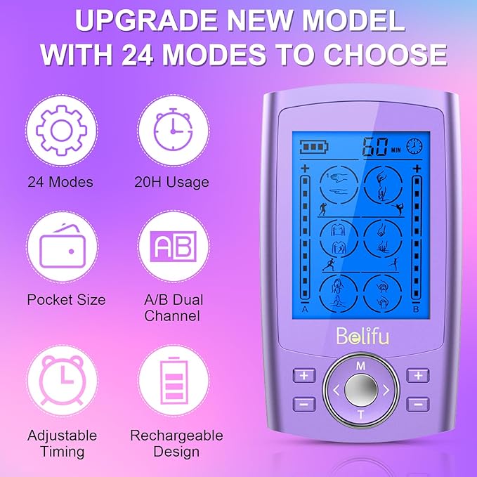 Belfiu TENS & PMS 24 Modes Muscle Stimulator for Pain Relief Therapy, Electronic Pulse Massager Muscle Massager with 10 Pads, Dust-Proof Drawstring Storage Bag, Fastening Cable Ties Belifu