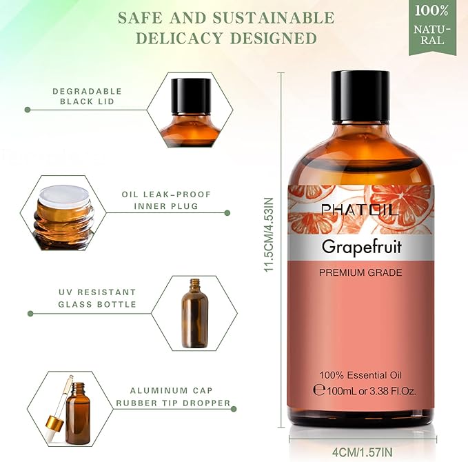 PHATOIL 3.38FL.OZ Grapefruit Essential Oil with Glass Dropper, for Aromatherapy Diffusers, Humidifiers, Great for DIY Candle and Soap Making, Huge 100ML Bottle PHATOIL