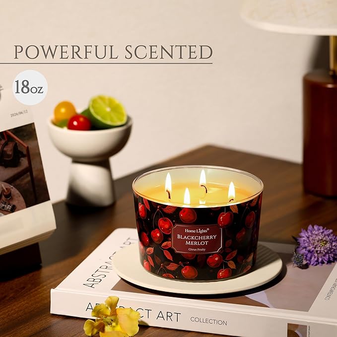HomeLights Soy Wax Candles for Home Scented, 4-Wick Candles in Blackcherry Merlot Scented, Aromatherapy Candles Gift for Parties, Relaxing, Eclectic Mixed Styles, 18oz - Bloomnest
