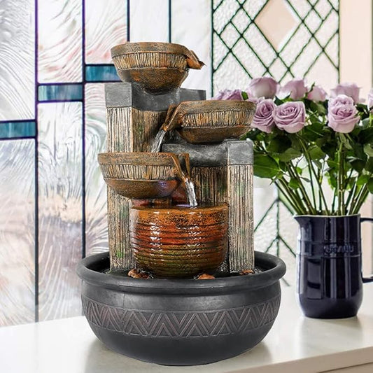 15.7''H 4-Tier Relaxation Indoor Tabletop Waterfall Fountain with LED Lights Desktop Fountains Calming Sound for Home Office Bedroom Decor (Brown, 15.7inch)