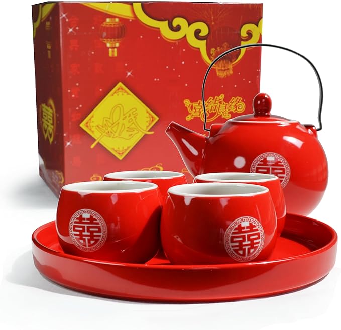 Chinese Tea Gift Set Service Porcelain Tea Pot 4 Cups tray for Adults Men Women Tea Ceremony Wedding Party Home Decor (Double Happiness)