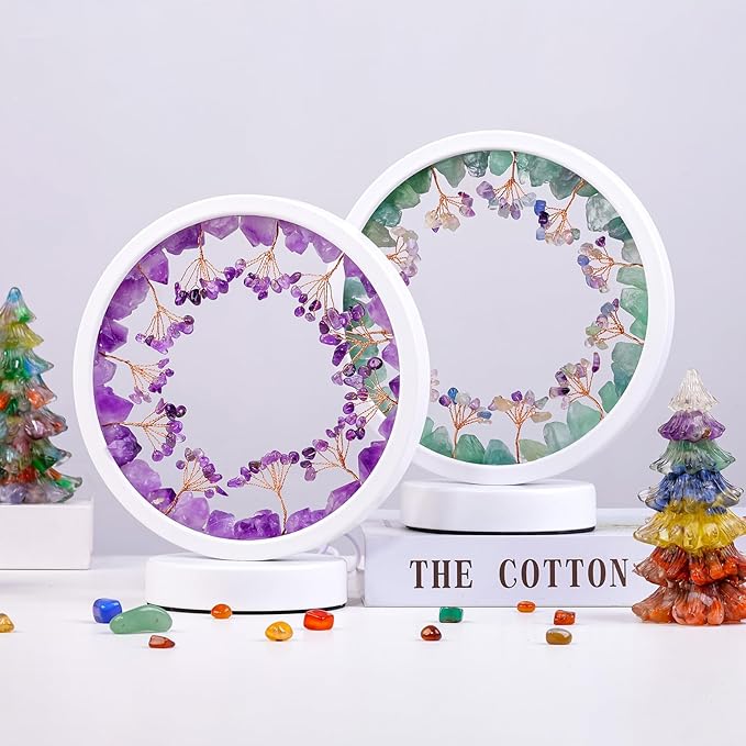 Runyangshi Natural Crystal Green Fluorite Small Tree Round White Frame Tri-Color Ambient Light Home Decoration Night Light Mother's Day Gift - Bloomnest