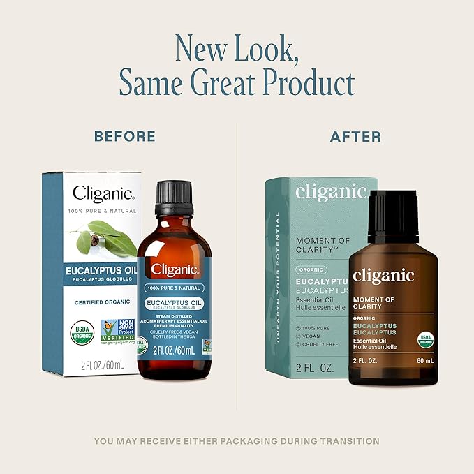 Cliganic Organic Eucalyptus Essential Oil - 100% Pure Natural for Aromatherapy Diffuser | Non-GMO Verified (Packaging May Vary) Cliganic