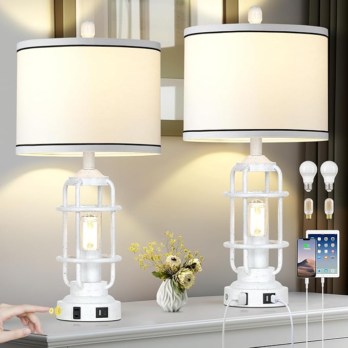 Farmhouse Lamps Set of 2, White Vintage Rustic Industrial Lamps with USB A+C Charging Ports & AC Outlet, 3 Way Dimmable Touch Control Table Lamp with LED Night Light for Living Room Bedrooms Office - Bloomnest