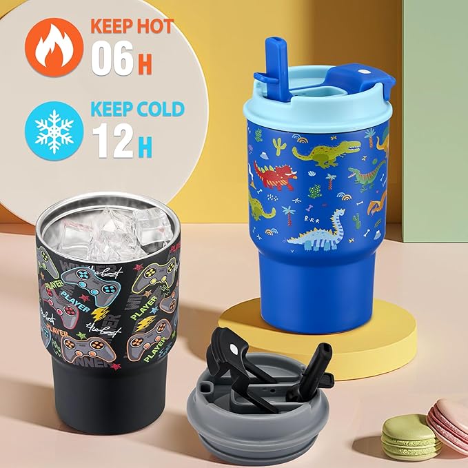 13.5oz Kids Insulated Tumbler with Lid and Straw, BPA-Free Stainless Steel Kids Water Bottle, Leak-Proof& Cupholder Friendly Tumbler for Boys & Girls -2 Pack(Dinasour+Game) - Bloomnest